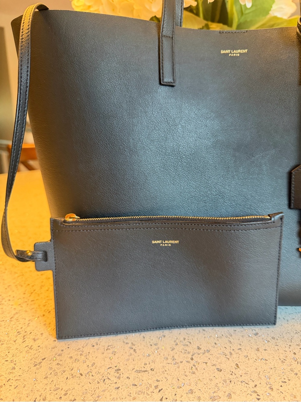 Saint Laurent Black Leather Tote with Gold YSL Charm and Pouch - Picture 7 of 9